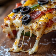 Photo of a Slice of Cheesy Pizza with Black Olives, Bell Peppers, and Pepperoni on Wood