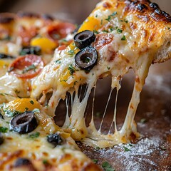Photo of a Slice of Cheesy Pizza with Black Olives, Bell Peppers, and Pepperoni on Wood