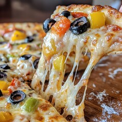 Photo of a Slice of Cheesy Pizza with Black Olives, Bell Peppers, and Pepperoni on Wood