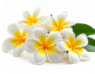 Naklejka premium Stunning close-up of vibrant white and yellow plumeria flowers with green leaves, beautifully arranged on a clean white background.