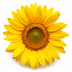 Fototapeta premium A vibrant sunflower blossom is presented on a clean white background, showcasing its radial symmetry and texture.