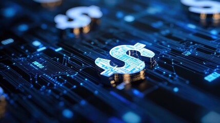 Glowing digital dollar symbols floating in a futuristic blue matrix background, representing finance and technology