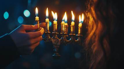 indoors, Judaism, one person, photography, religion, vertical, young adult, black hair, colour image, night, Woman,lighting the shamash on Menorah on first day,