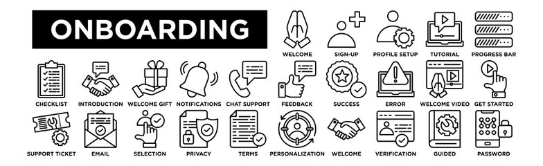 Onboarding icon collection set. Welcome, Sign-Up, Profile Setup, Tutorial, Progress Bar
