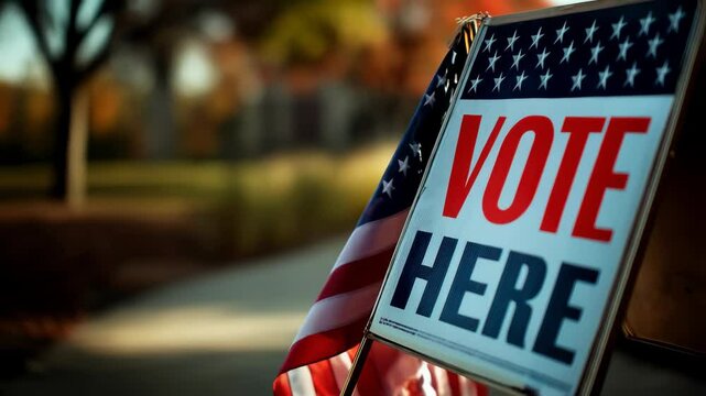 An A-frame sign indicating the voting location with an American flag beside, promoting civic engagement and democratic elections.