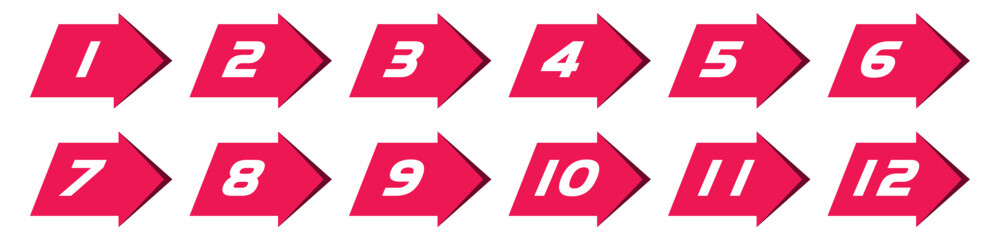 Red number bullet point 1 to 12 vector set.