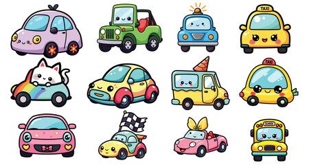 Kawaii cute cartoon cars with smiling faces, colorful vector illustration, children's design