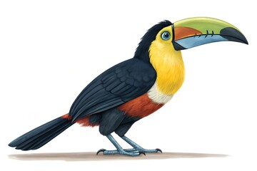 Obraz premium Isolated on white, a colorful tropical bird with a yellow beak and black feathers
