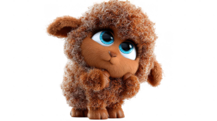 Adorable plush toy sheep with large blue eyes isolated on dark background