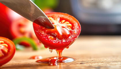 Close-up of Fresh Cherry Tomato Being Sliced by Knife with Juice Dripping on Wooden Board