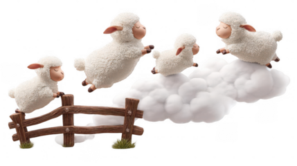 Sheep jumping over fence and cloud