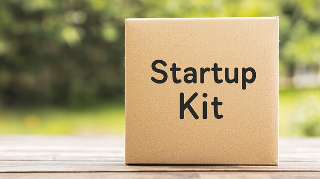 Cardboard box labeled "Startup Kit" placed on a wooden surface with a green, blurred background.