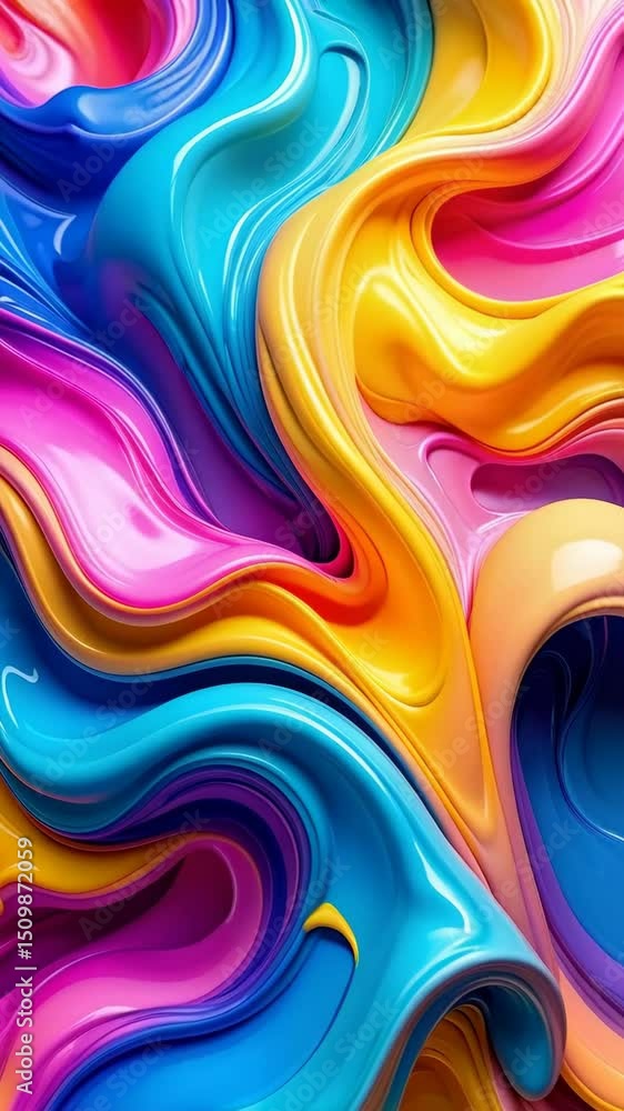 Poster abstract rendered design features glossy multicolored flowing waves and curves, liquid forms, bright