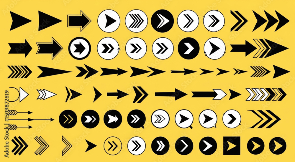 Poster set of black arrows on yellow background | directional signs and design elements for presentations, 