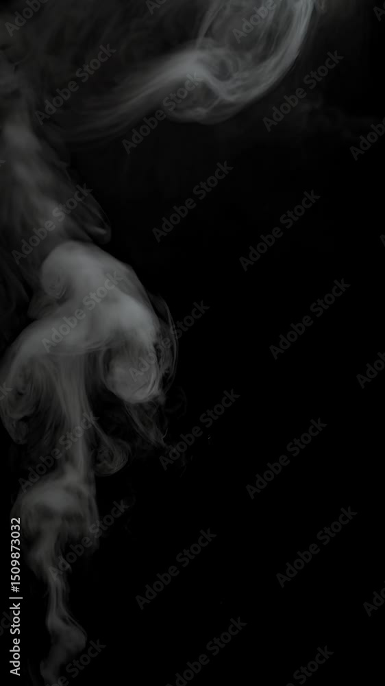 Poster wispy abstract smoke plumes floating upwards against a dark black backdrop, creating soft shapes and