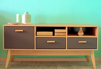 Wooden chest of drawers with tableware and candle against mint colored wall. Interior design