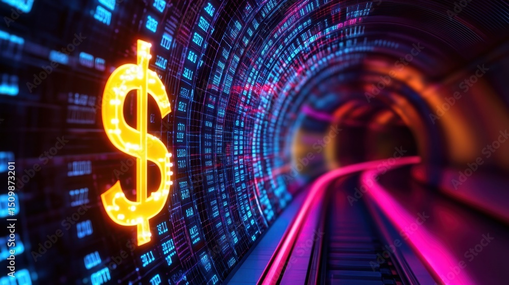 Poster illuminated dollar sign in a glowing tunnel of financial data and abstract tech effects