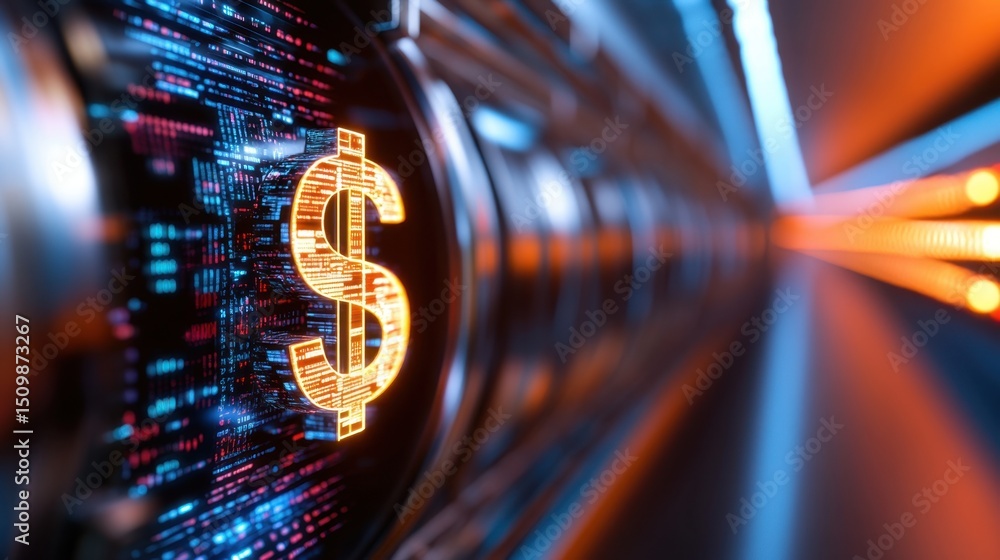 Poster illuminated dollar sign in a glowing tunnel of financial data and abstract tech effects