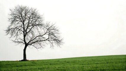 Obraz premium Lonely tree in a grassy field under a wide sky.