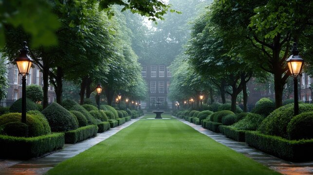 Well-maintained garden path lined with trimmed hedges and trees.