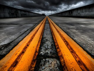 
Perspective shot from the ground level of a runway with painted lines and rubber skid marks

