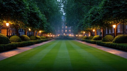 Well-maintained lawn bordered by trimmed hedges and trees under streetlights at twilight.