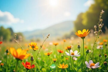 A sun-drenched field of wildflowers swaying gently in the breeze, embodying the pure joy and serenity of nature's beauty A perfect representation of simple happiness , colorful, golden hour, serenity