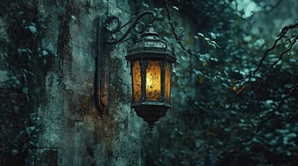 Lantern hanging in ruins with moody light aged structure and symbolic tone perfect for history or cinematic themes