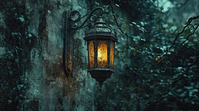 Lantern hanging in ruins with moody light aged structure and symbolic tone perfect for history or cinematic themes