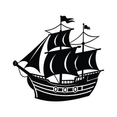 Realistic ancient pirate ship silhouette vector art illustration