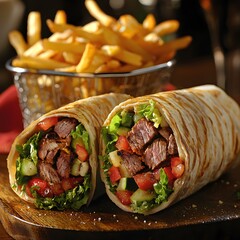 Photo of a Shawarma Wrap Cut Open to Reveal Grilled Meat, Vegetables, and Served with Fries