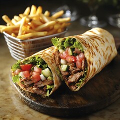 Photo of a Shawarma Wrap Cut Open to Reveal Grilled Meat, Vegetables, and Served with Fries