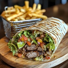 Photo of a Shawarma Wrap Cut Open to Reveal Grilled Meat, Vegetables, and Served with Fries
