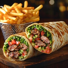 Photo of a Shawarma Wrap Cut Open to Reveal Grilled Meat, Vegetables, and Served with Fries