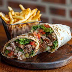Photo of a Shawarma Wrap Cut Open to Reveal Grilled Meat, Vegetables, and Served with Fries