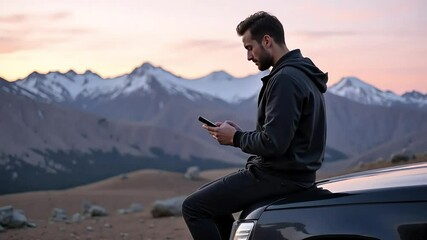 A young man enjoys breathtaking mountain scenery while using his smartphone during a scenic road trip adventure offering stunning sunset views and landscape photography. - Powered by Adobe
