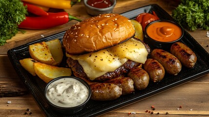 Sizzling burger and sausage medley with three types of cheese on a rectangular plate, framed by...
