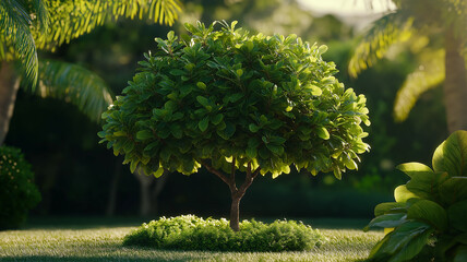 Lush green tree in a beautiful garden surrounded by palms and green grass sunlight