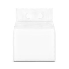 Realistic stand bag with hole handle mockup. Front view. Vector illustration isolated on white background. Suite for the presentation of changing mats, diapers, wet wipes, pants. EPS10.