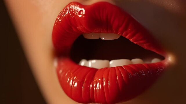 Close Up of Glossy Red Lips Womans Face Fashion Style