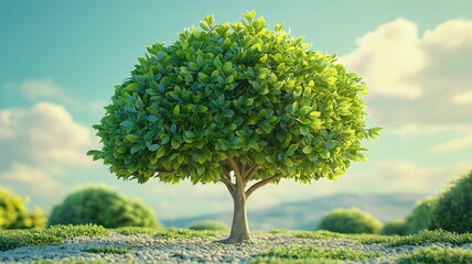Lush green tree standing outdoors under a soft blue sky and fluffy white clouds