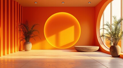 A Warm - orange Room with Green Plants and a Stone Platform under Sunlight