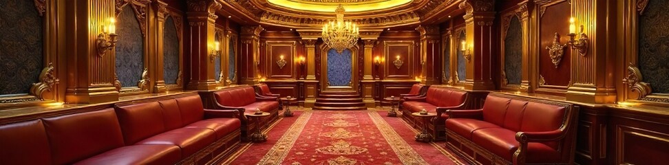 Obraz premium Luxurious golden saloon interior, gleaming surfaces, ornate details, opulent atmosphere Rich textures, elegant design, classic style, sophisticated ambiance , sparkle, style, lamps