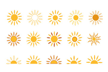 set of sun icons,Yellow sun, Sunset icon collection.Full and half sun vector design isolated on transparent background