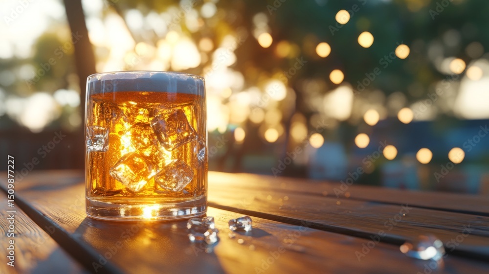 Poster a chilled beer with ice cubes clinking in the glass, placed on a rustic wooden table with a blurred 
