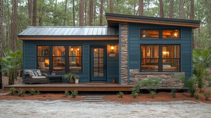 Relaxing cabin retreat nestled in a forested area with modern architecture, offering a serene escape from urban life amidst nature's beauty