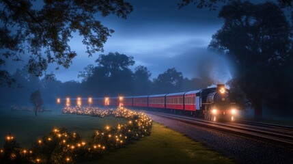 Obraz premium A train travels along a winding railway surrounded by snow-covered trees during twilight. Warm lights illuminate rustic houses in a mountain village, creating a cozy atmosphere.