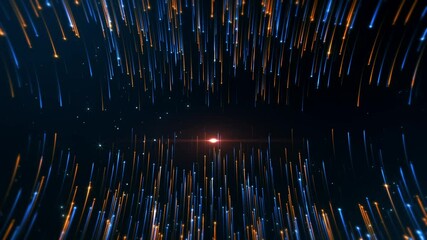 Celestial Dance of Light: A mesmerizing visual of radiant particles, bathed in hues of gold and blue, converge around a central point, evoking a sense of cosmic energy and technological advancement. - Powered by Adobe
