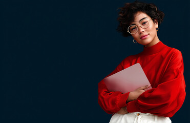Plakat Young professional woman holding laptop, embracing technology and modern business practices