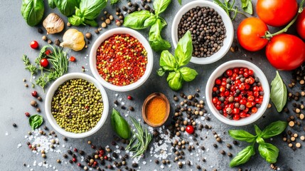 A clean, organized kitchen countertop with a variety of fresh produce, spices, and utensils neatly arranged, ready for cooking with soft natural light